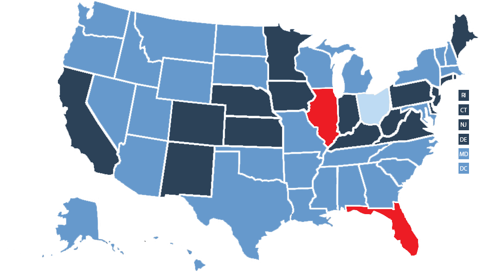 Map of US IL & FL are red - not accepted, CA, CO, NM, NE, KS, IA, MN, IN, KY, VA, WV, PA, RI, CT, NJ, DE, ME are dark blue - accepted for state requirements. OH is very light blue - only webinar/in-person courses accepted for state requirements. Rest of the states are light blue - accepted, no state requirements.